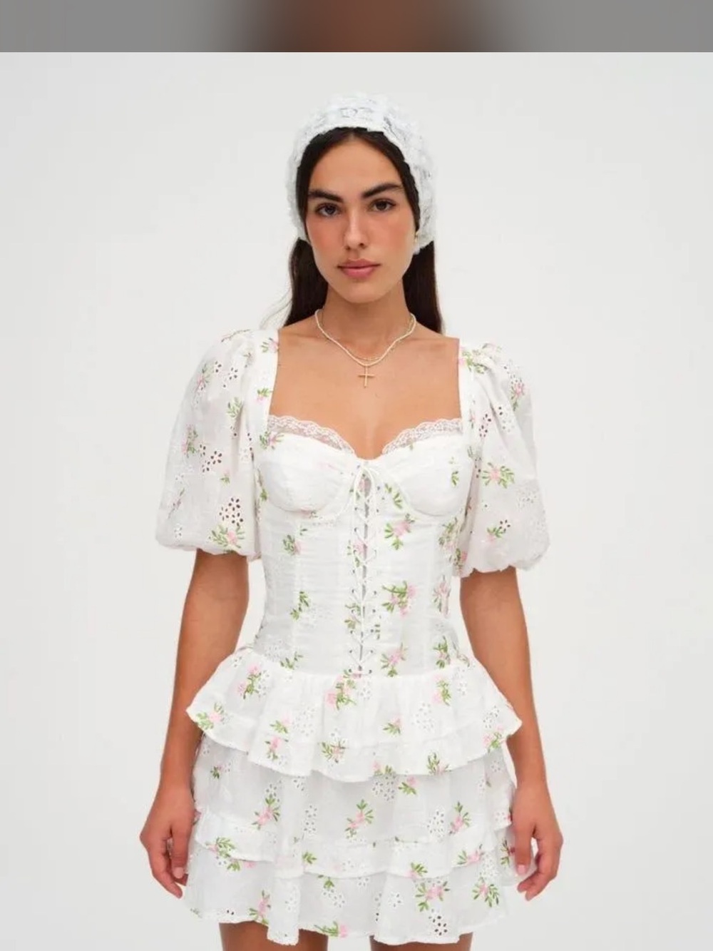 White Floral Eyelet Corset Blouse with Puff Sleeves